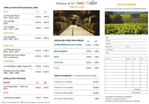 Tarifs 2020 Domaine La Croix Mélier